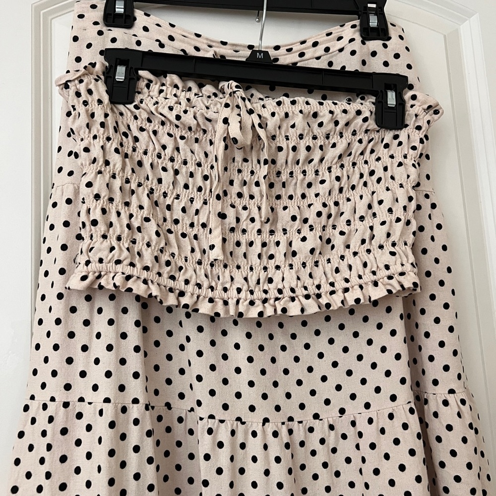 Polka Dot Smocked Maxi Dress in Light Pink and Black